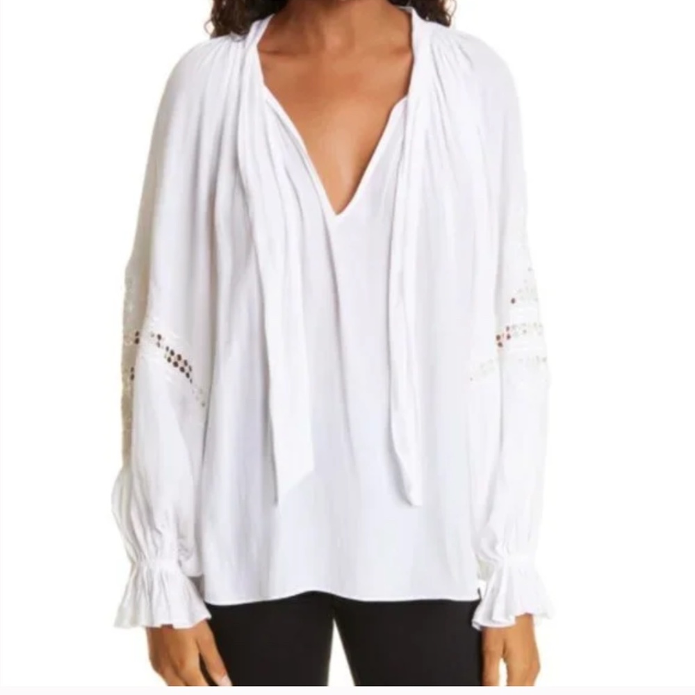 Ramy Brook SILK Embroidered Eyelet Sleeve White Poet Blouse Top